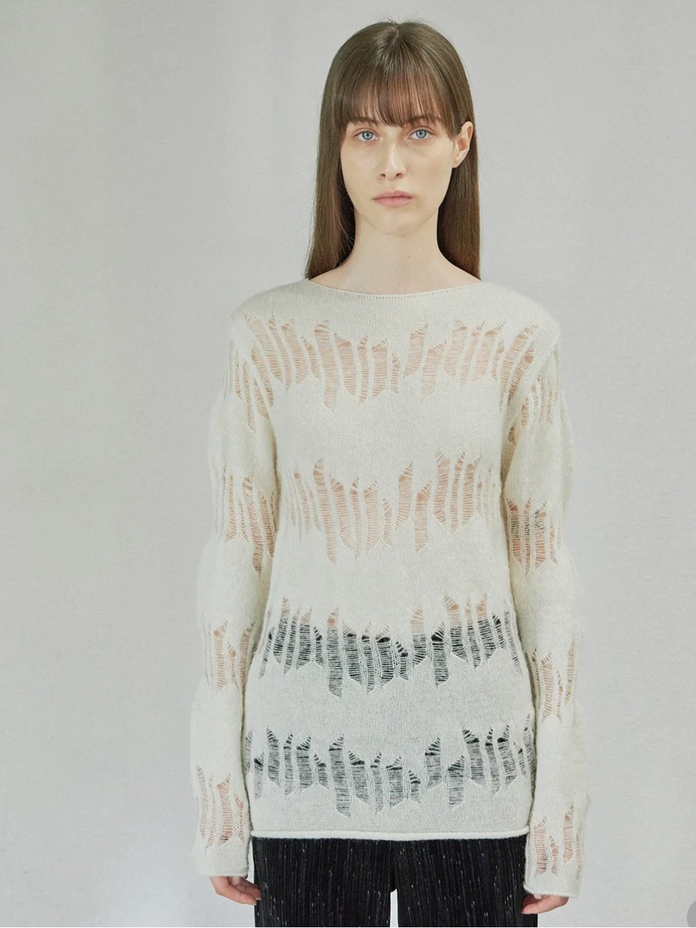 Diagonal Shot hole long Knit Top ivory M